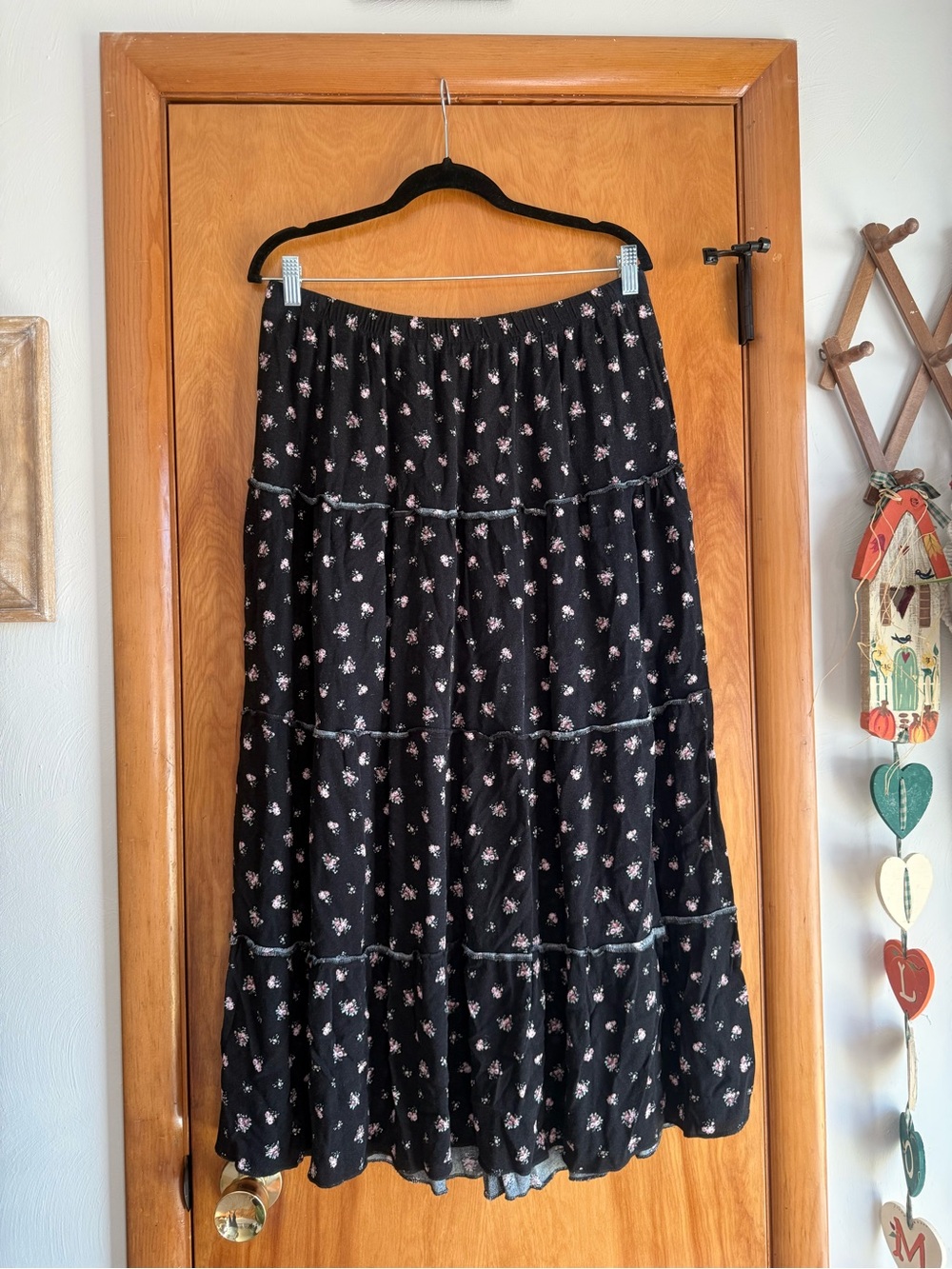 Ultra Flirt Black Floral Tiered Maxi Skirt with Pink Accents
